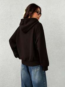 SHEIN EZwear 女款純色抽繩連帽休閒百搭日常穿著運動衫 - 咖啡棕 - 查看 2