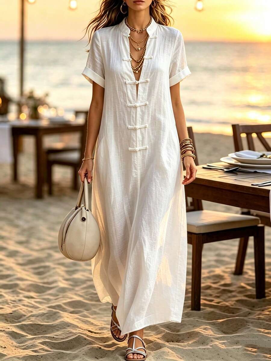 SHEIN Holidaya Stand Collar Sleeveless Front Toggle Buttons Side Pocket Maxi Dress, Solid Loose Long Dress For Resort Daily Casual Going Out Cotton Dress - White - View 1
