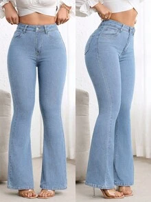 Flexra Petite Stylish Blue Flare Leg Jeans In Soft Denim Perfect For A Chic Casual Look ,Petite Women - Blue - View 8