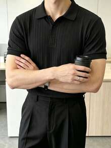 Manfinity CasualCool 男士素色休閒百搭通勤旅行短袖 Polo 衫 - 黑色 - 查看 4