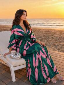 Auveirra 大尺碼深綠色度假風熱帶花卉印花開衩長洋裝，適合女性秋季假期優雅穿搭 - 彩色 - 查看 4