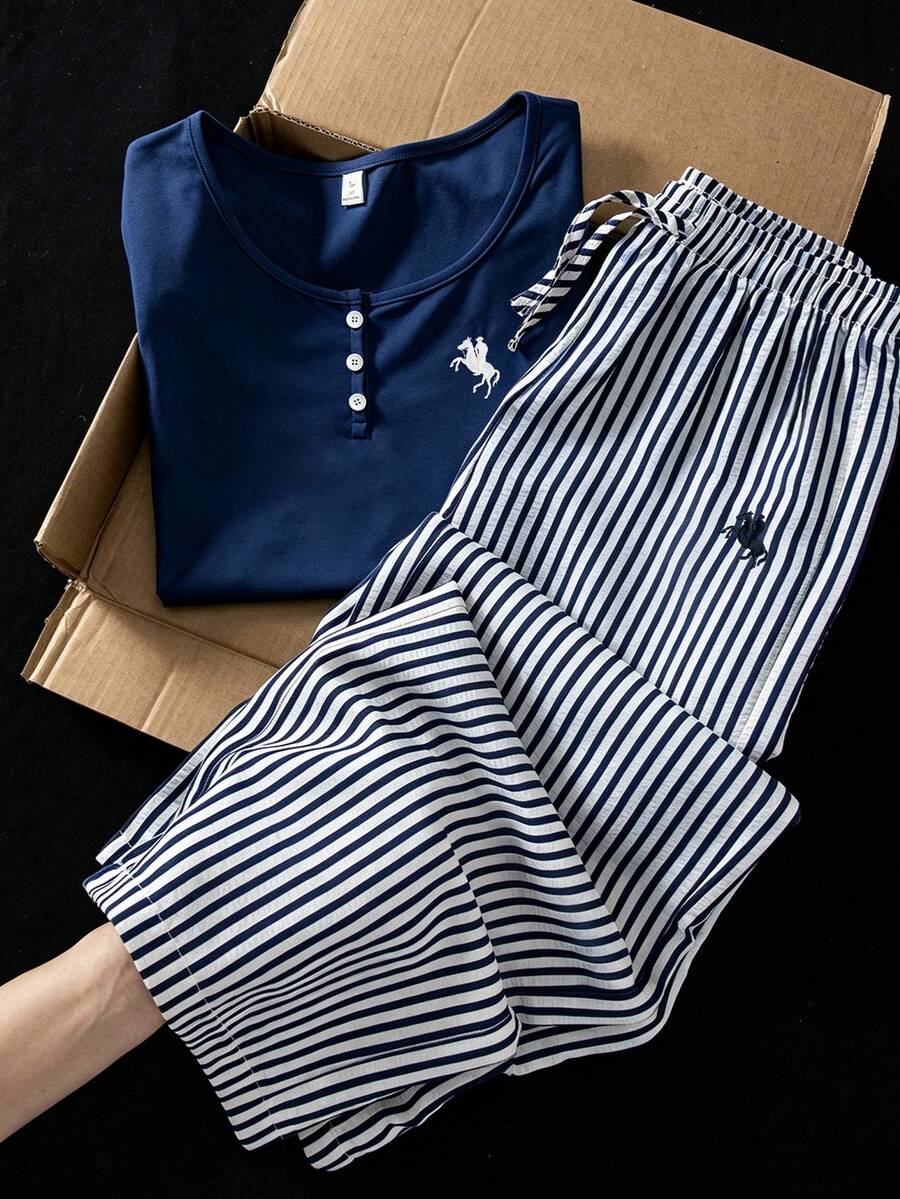 SHEIN Teen Girls 2pcs/Set Short Sleeve Round Neck Summer Casual T-Shirt & Striped Long Pants Set, Comfortable, Outfit, Daily, Fall, Back To School - Blue - View 1
