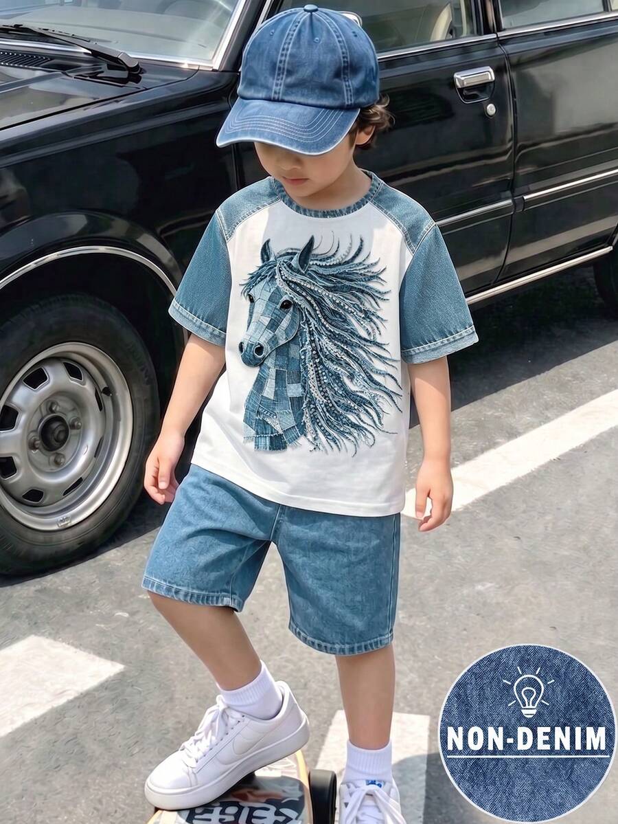 1套男童時尚馬匹圖案印花休閒圓領短袖T恤與短褲，簡約百搭，適合日常穿著，時尚帥氣休閒風 - 彩色 - 查看 1