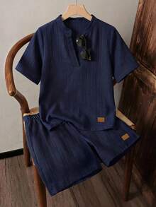 SHEIN 儿童男童休闲V领短袖衬衫和短裤两件套 - 藏蓝色 - 查看 4