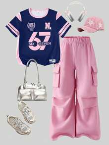 SHEIN Elladie kids 青少年女孩字母與數字印花短袖T恤與工裝褲休閒日常穿搭套裝 - 彩色 - 查看 1