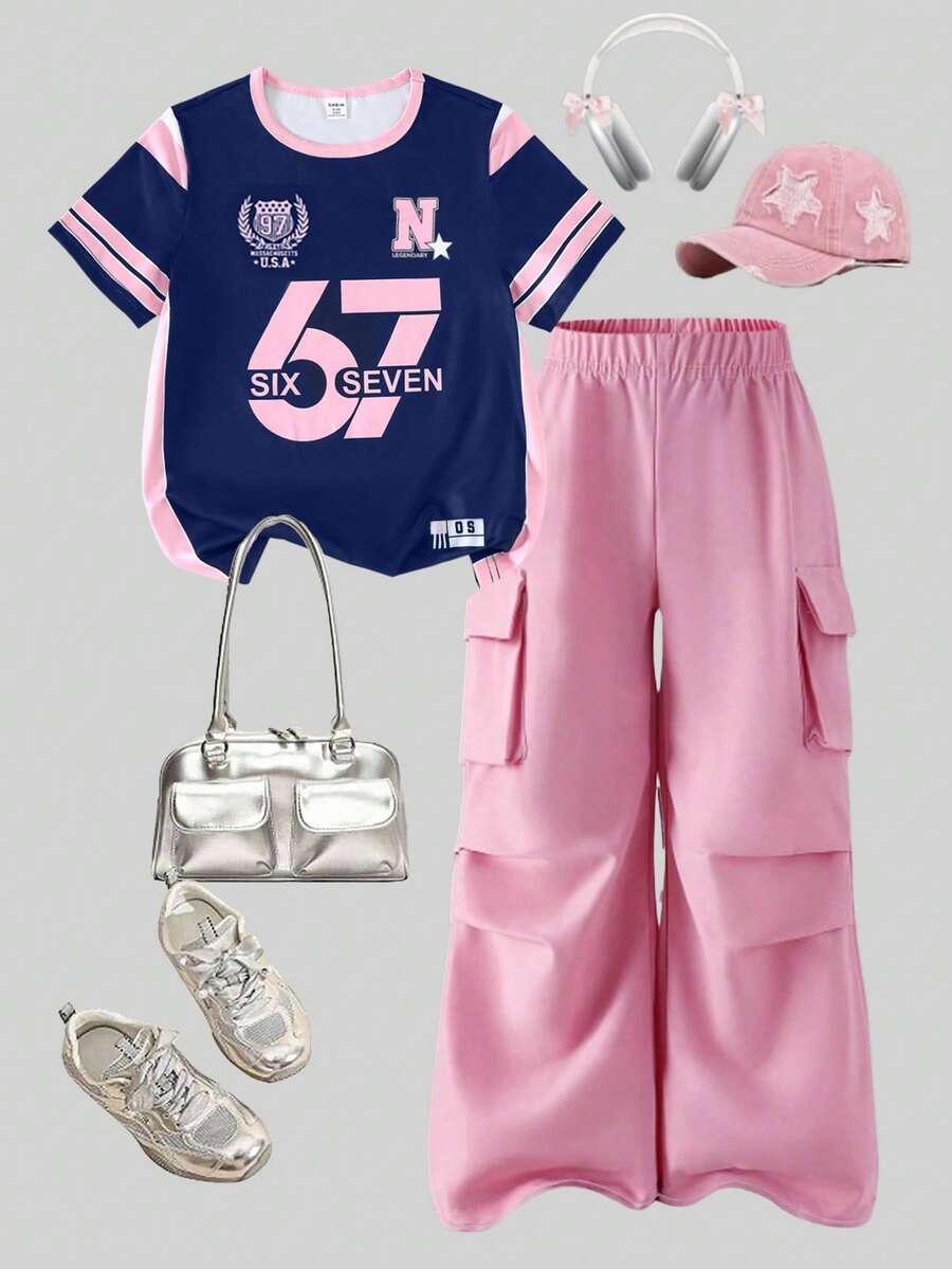 SHEIN Elladie kids 青少年女孩字母與數字印花短袖T恤與工裝褲休閒日常穿搭套裝 - 彩色 - 查看 1