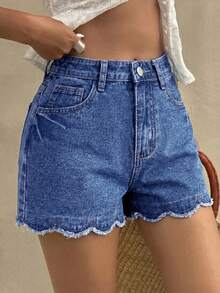 SHEIN Shorts vaqueros de verano informales con adorno de concha para niñas preadolescentes - Azul lavado oscuro - Ver 1