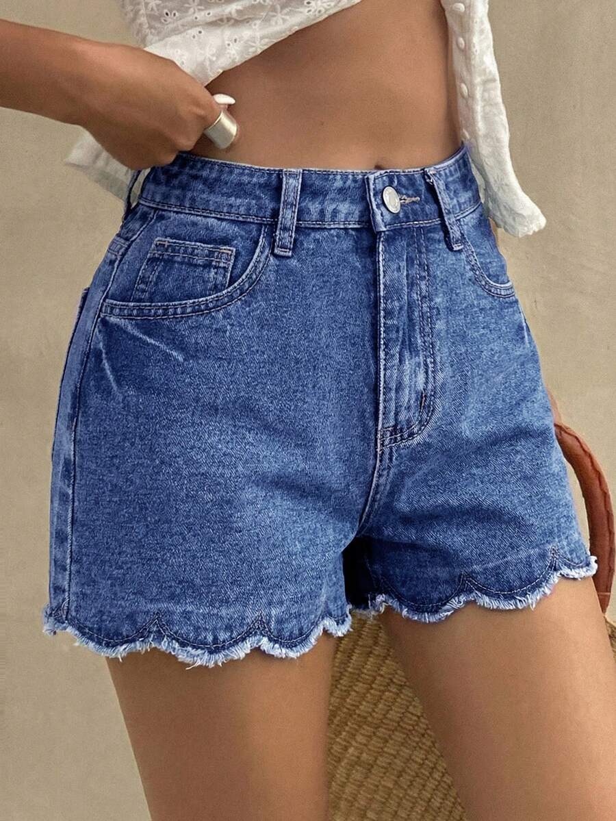 SHEIN Shorts vaqueros de verano informales con adorno de concha para niñas preadolescentes - Azul lavado oscuro - Ver 1