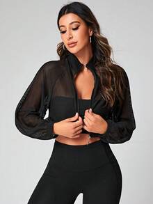 SHEIN Sports Cazadora deportiva con cremallera crop de malla - Negro - Ver 4