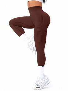 SHEIN Velisys Plus Size Solid Color High Waist Slim Fit Athletic Leggings - Multicolor - View 6