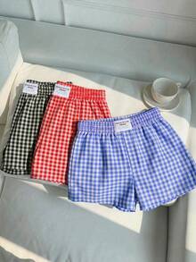 SHEIN EZwear 3件套舒适多巴胺格子短裤套装，蓝色、红色、黑色，梭织面料，适合日常穿着，夏季短裤，适合通勤、约会、聚会、秋冬夏三季、圣诞节、新年、感恩节、派对、婚礼、海滩、毕业典礼、时尚、优雅、休闲、外出、约会、预订、通勤、闪亮、情人节、优雅、度假、休闲、Y2K、外出、毕业典礼等场合。 - 彩色 - 查看 7