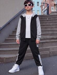 SHEIN 兒童青少年男孩休閒學院風拼色連帽外套，舒適梭織布料，適合學校、花園、海灘、生日，春夏秋冬四季穿著，黑色、棕色 - 黑色 - 查看 5