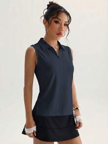 CourtClass CourtClass 女款運動瑜珈戶外健身 Polo 衫，無袖，半拉鍊，開衩下擺 - 藏蓝色 - 查看 3
