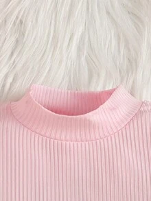 2 Piece/Set Baby Girl Pink Little Stand Collar Long Sleeve Pullover Ribbed Knit Solid Color T-Shirt Top And Apricot Corduroy 3D Flower Pocket Adjustab - Beige - View 4