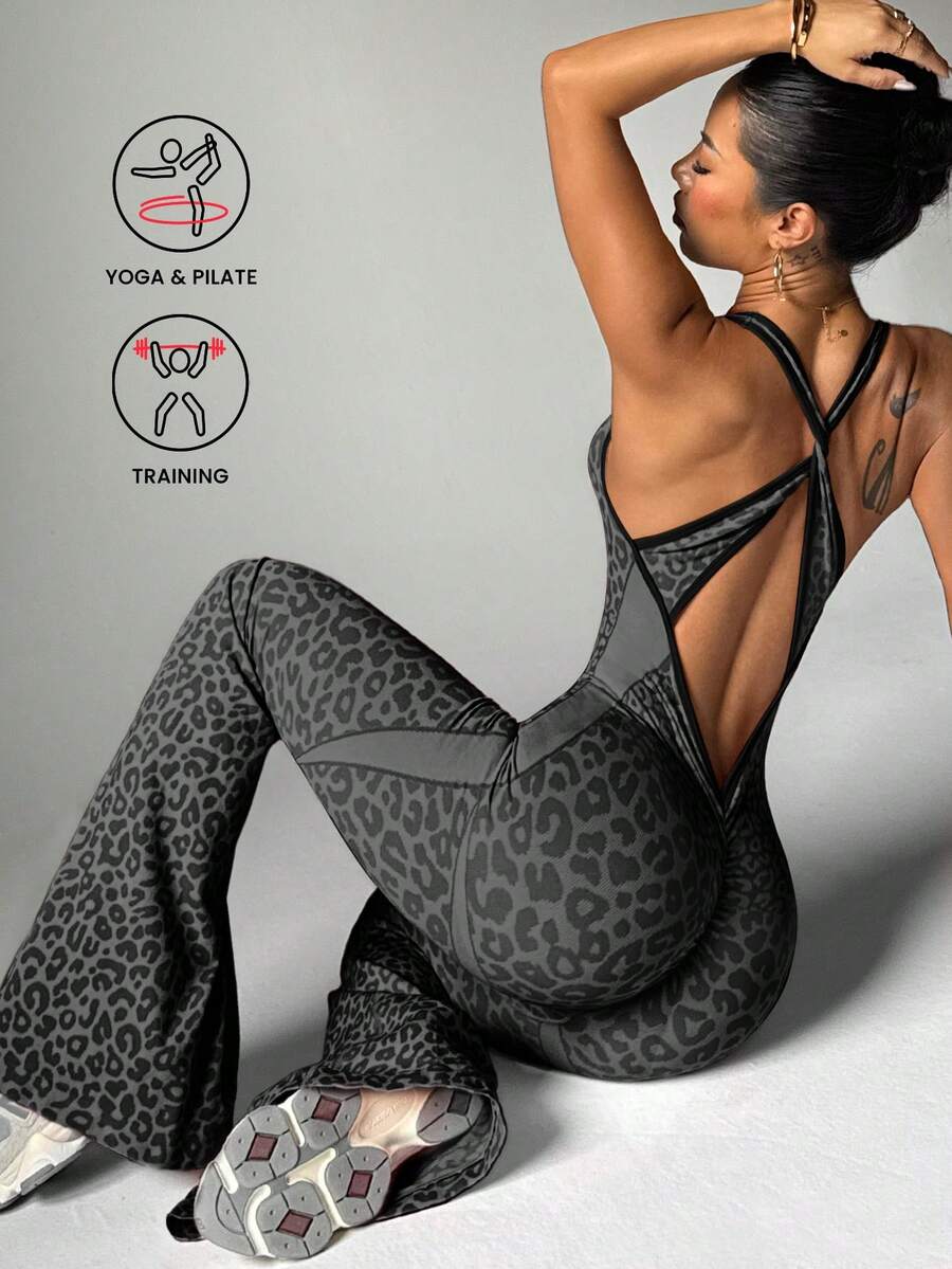 Slayform Slayform 1pc Leopard Print Knotted Open-Back Plunge Flare Jumpsuit Y2k Glowmode