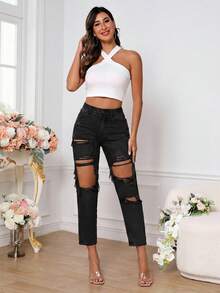 SHEIN PETITE 女款時尚破洞口袋短版牛仔褲，適合嬌小女性 - 黑色 - View 5