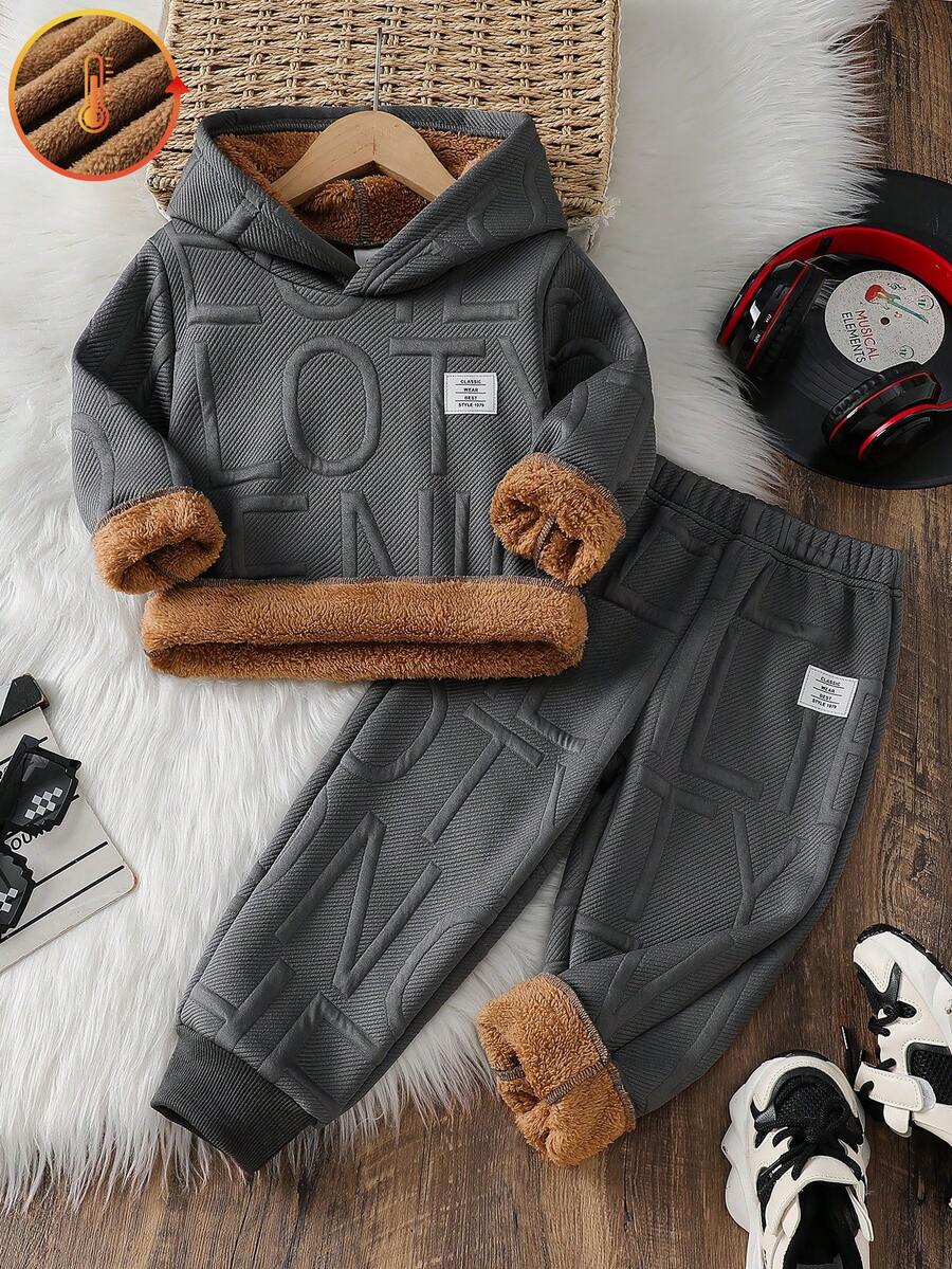 Genkimix Kids 2pcs Young Boy Casual Outfit Set, Warm Fleece Hoodie And Elastic Waist Sweatpants, Comfortable Long Sleeve, Suitable For Autumn And Winter, Daily, Outdoor And Sports Wear, Young Boy Set - Dark Grey - View 1