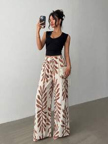 Rafferiza Black And White Herringbone Pattern Elastic Cinched Waist-Up Women's Casual Wide Leg Long Pants - Multicolor - View 4