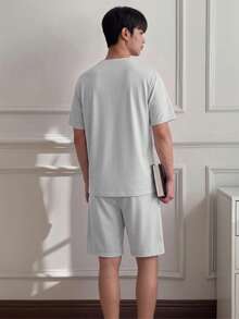 Napfluff Minimalist Solid Color Short Sleeve & Shorts Pajama Set, Men's Simple Comfortable Home Wear 2-Piece Set - Grey - View 2