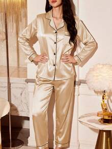 LuxeNights Contrast Binding Satin Pyjama Set - Champagne - View 5