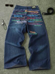 TEENAGE MUTANT NINJA TURTLES | SHEIN Men's Casual Washed Slogan Print Denim Jeans - Blue Black - View 1