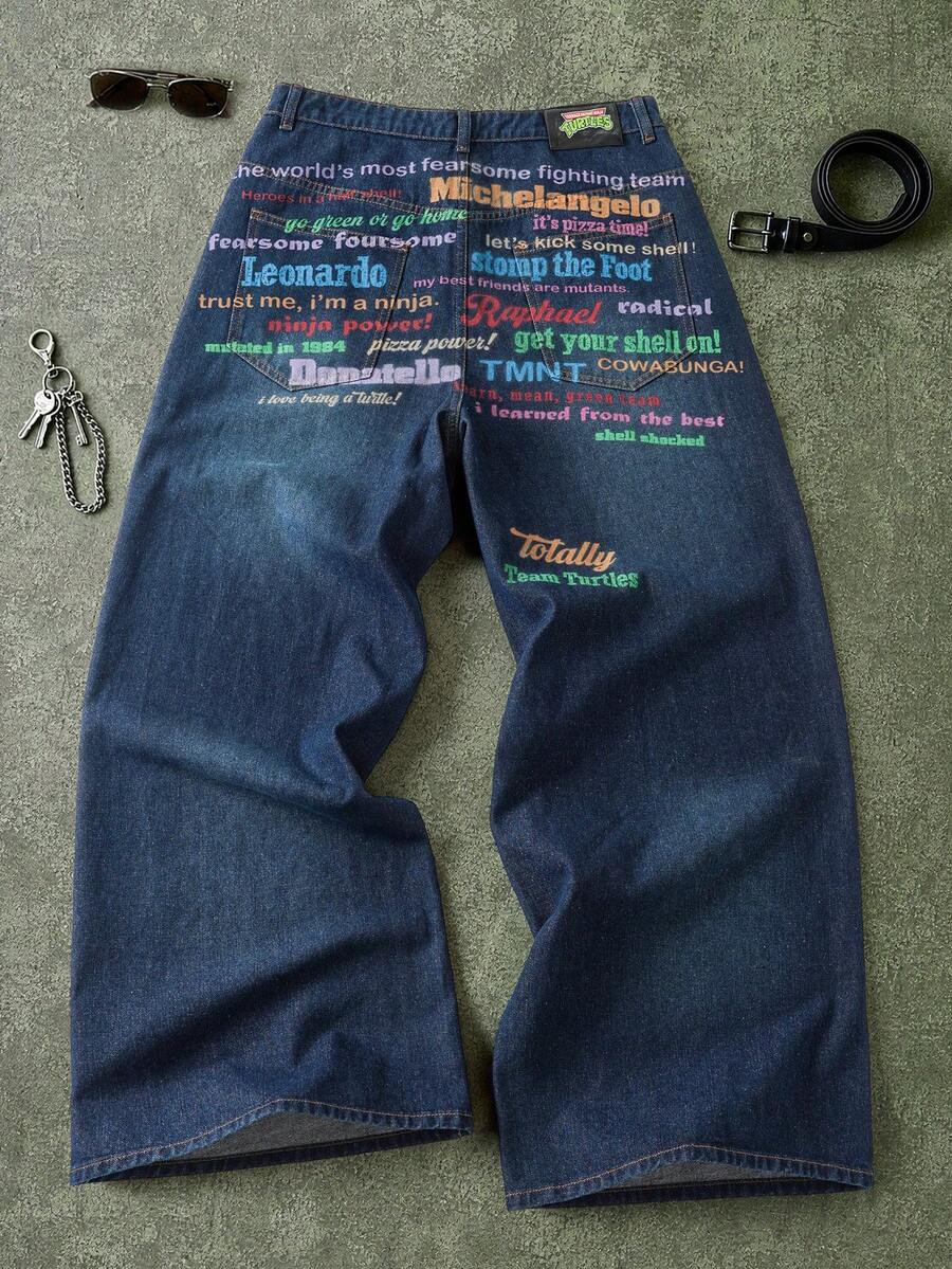 TEENAGE MUTANT NINJA TURTLES | SHEIN Men's Casual Washed Slogan Print Denim Jeans - Blue Black - View 1