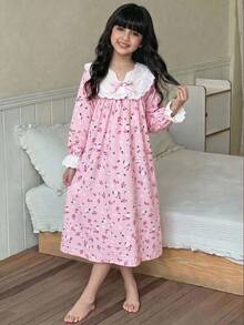 女童寬鬆休閒蕾絲拼接碎花居家服 - 淺粉色 - 查看 3
