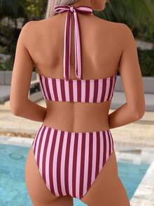 Swim Mod Springbreak 女款夏季海灘條紋隨機印花交叉露背綁帶上衣拼接比基尼泳褲兩件式泳衣 - 彩色 - 查看 2