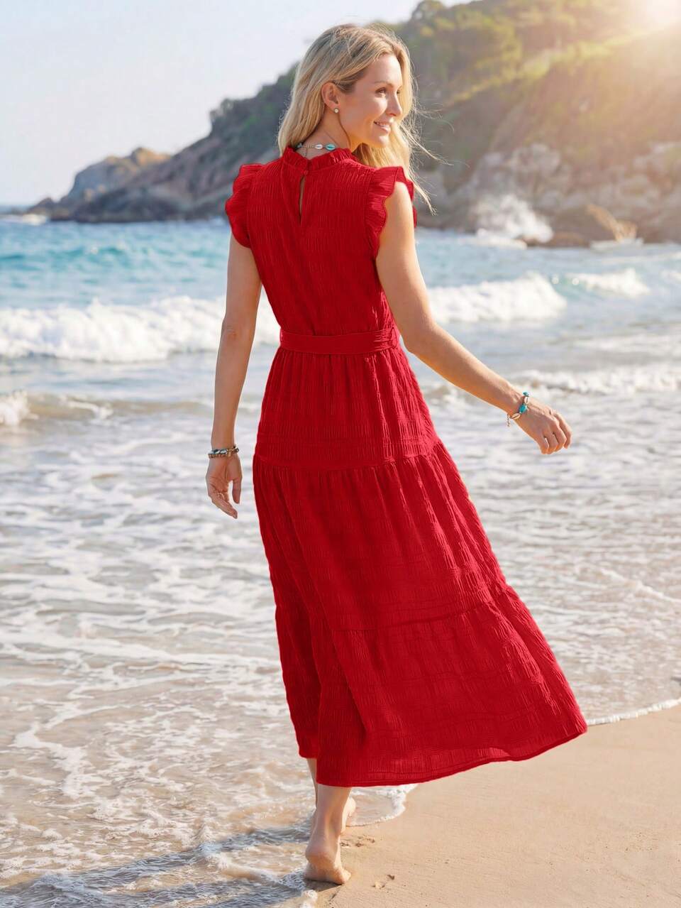 Frill Trim Ruffle Hem Belted Dress,Vacation