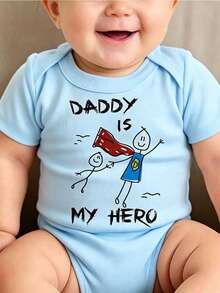 男嬰卡通可愛標語「DADDY IS MY HERO」字母印花短袖連身衣，夏季嬰兒中性款柔軟舒適連身衣，父親節禮物 - 彩色 - 查看 1