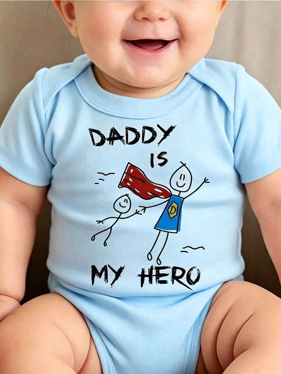 男嬰卡通可愛標語「DADDY IS MY HERO」字母印花短袖連身衣,夏季嬰兒中性款柔軟舒適連身衣,父親節禮物 - 彩色 - 查看 1