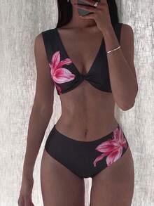 SHEIN Swim 心形領口波點冰絲印花柔軟面料扭轉杯可愛比基尼兩件式泳衣 - 彩色 - 查看 4