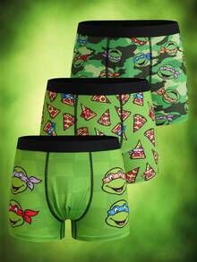 TEENAGE MUTANT NINJA TURTLES | SHEIN Tween Boy 3-Pack Digital Print Green Cute Adorable Boxer Briefs - Army Green - View 1