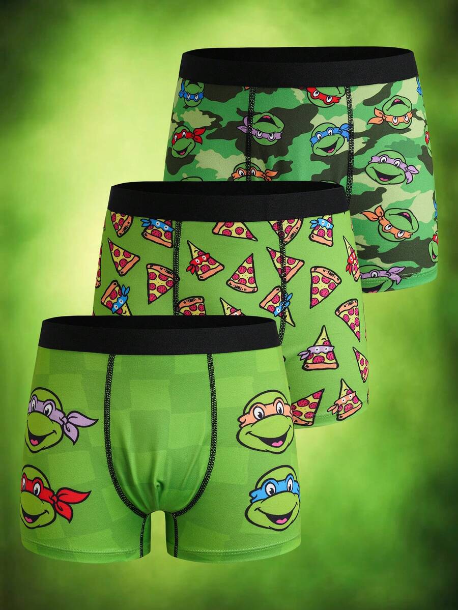 TEENAGE MUTANT NINJA TURTLES | SHEIN Tween Boy 3-Pack Digital Print Green Cute Adorable Boxer Briefs - Army Green - View 1