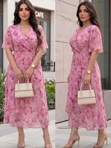 Modelyn Women's Elegant Romantic Pink Floral Print Chiffon Cross Neckline Ruffle Hem Design Plus Size Dress - Pink - View 1