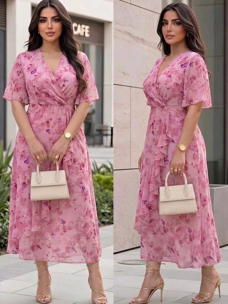 Modelyn Women's Elegant Romantic Pink Floral Print Chiffon Cross Neckline Ruffle Hem Design Plus Size Dress - Pink - View 1