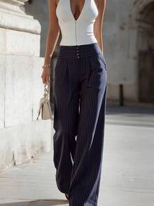 Flora Isola Flora Isola Pantalones de traje para mujer de primavera/otoño, pieza única con cintura, múltiples botones, rayas verticales, plisados delanteros, cintura alta, pierna ancha, estilo maduro para oficina y negocios - Azul Marino - Ver 1