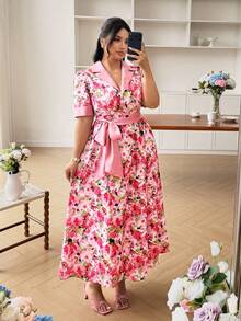 Modelyn Women's Lapel Short Sleeve Cinched Waist Elegant Romantic Summer Dress, Plus Size - Multicolor - View 4