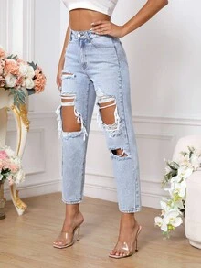SHEIN PETITE 女款口袋磨損破洞錐形休閒百搭牛仔褲，適合嬌小女性 - 藍色 - 查看 3