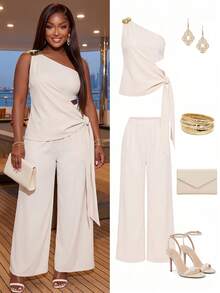 Poshavie Poshavie Elegant Plus-Size 2 Pieces Set For Women A Comfortable, Stretchy Ensemble Suitable For Commuting And - Apricot - View 3
