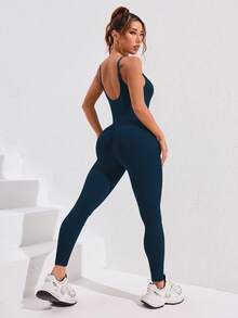Easithlete Solid Color Flared Slim Fit Athletic Jumpsuit - Hunter Green - View 4