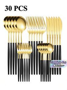 30pcs/Set Stainless Steel Cutlery Set With Box, Portuguese Forks & Spoons, Western Style Flatware Set Suitable For Home, Kitchen, Restaurant, Hotel, Wedding, Random Color Gift Box,School Supplies - Multicolor - View 1