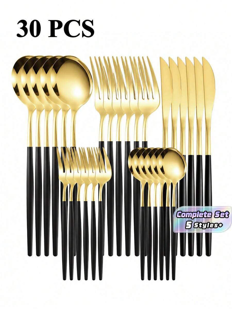 30pcs/Set Stainless Steel Cutlery Set With Box, Portuguese Forks & Spoons, Western Style Flatware Set Suitable For Home, Kitchen, Restaurant, Hotel, Wedding, Random Color Gift Box,School Supplies - Multicolor - View 1
