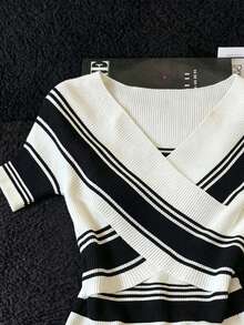 SHEIN PariChic Women's Vacation Minimalist Coastal Casual Black And White Checkered Colorblock Criss-Cross Fashion Knit Top Brunch Office Working Summer - Multicolor - View 5