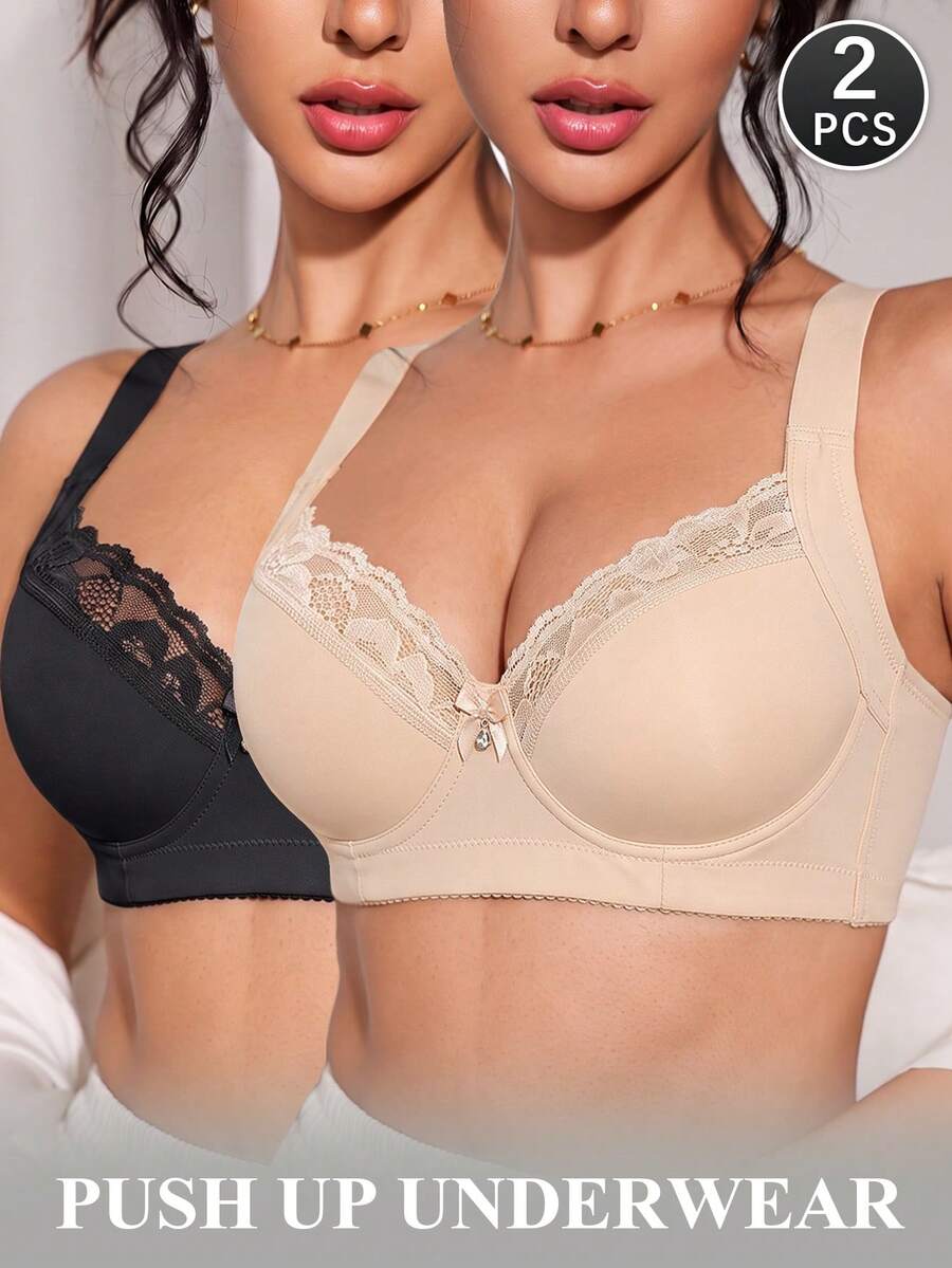 Wedaily Women's Underwire Lace Patchwork Non-Slip Wide Strap Bra 2pcs/Set - Multicolor - View 1