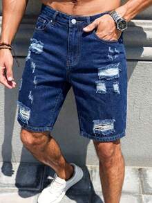 Manfinity Homme Men's Casual Ripped Straight Leg Blue Denim Shorts, Street Fashion For Spring/Summer - Dark Wash - View 5