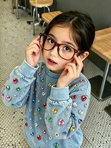 SHEIN 春秋冬季少女休閒時尚創意個性清新極簡可愛仿丹寧數位印花仿箔效果時尚休閒風基礎圓領長袖衛衣，舒適日常穿著，適合春秋冬季少女活潑氛圍上衣 - 彩色 - 查看 3