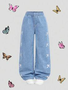 SHEIN Girlism 女童深色水洗藍色蝴蝶刺繡印花直筒牛仔褲 - 淺色水洗藍 - 查看 1