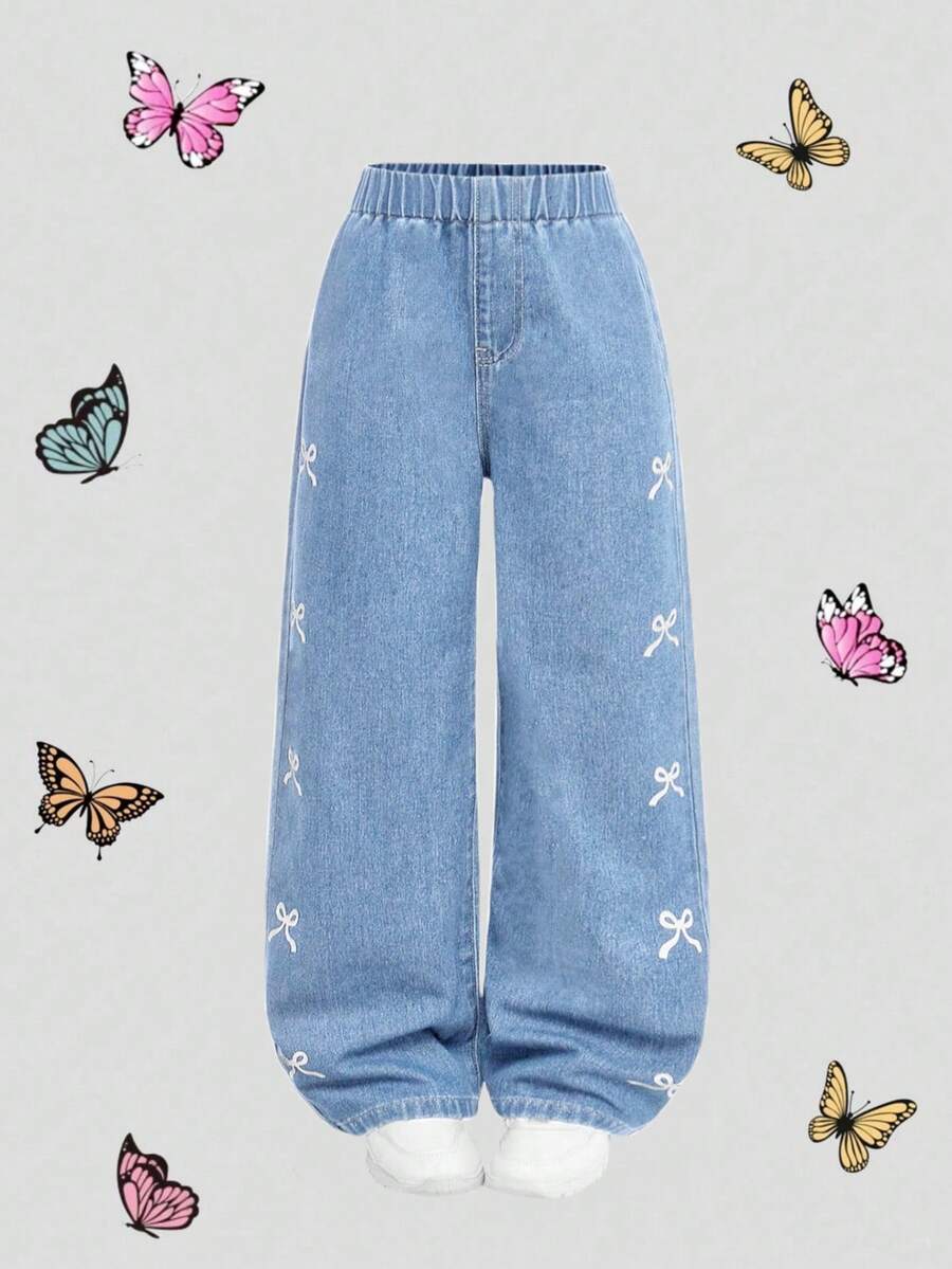 SHEIN Girlism 女童深色水洗藍色蝴蝶刺繡印花直筒牛仔褲 - 淺色水洗藍 - 查看 1