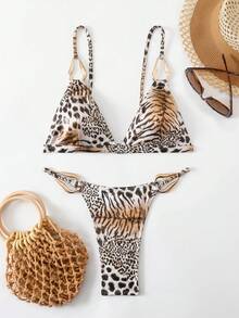 SHEIN Swim Animal Print Gold Trim Bra And Bikini Bottoms Set - Multicolor - View 1